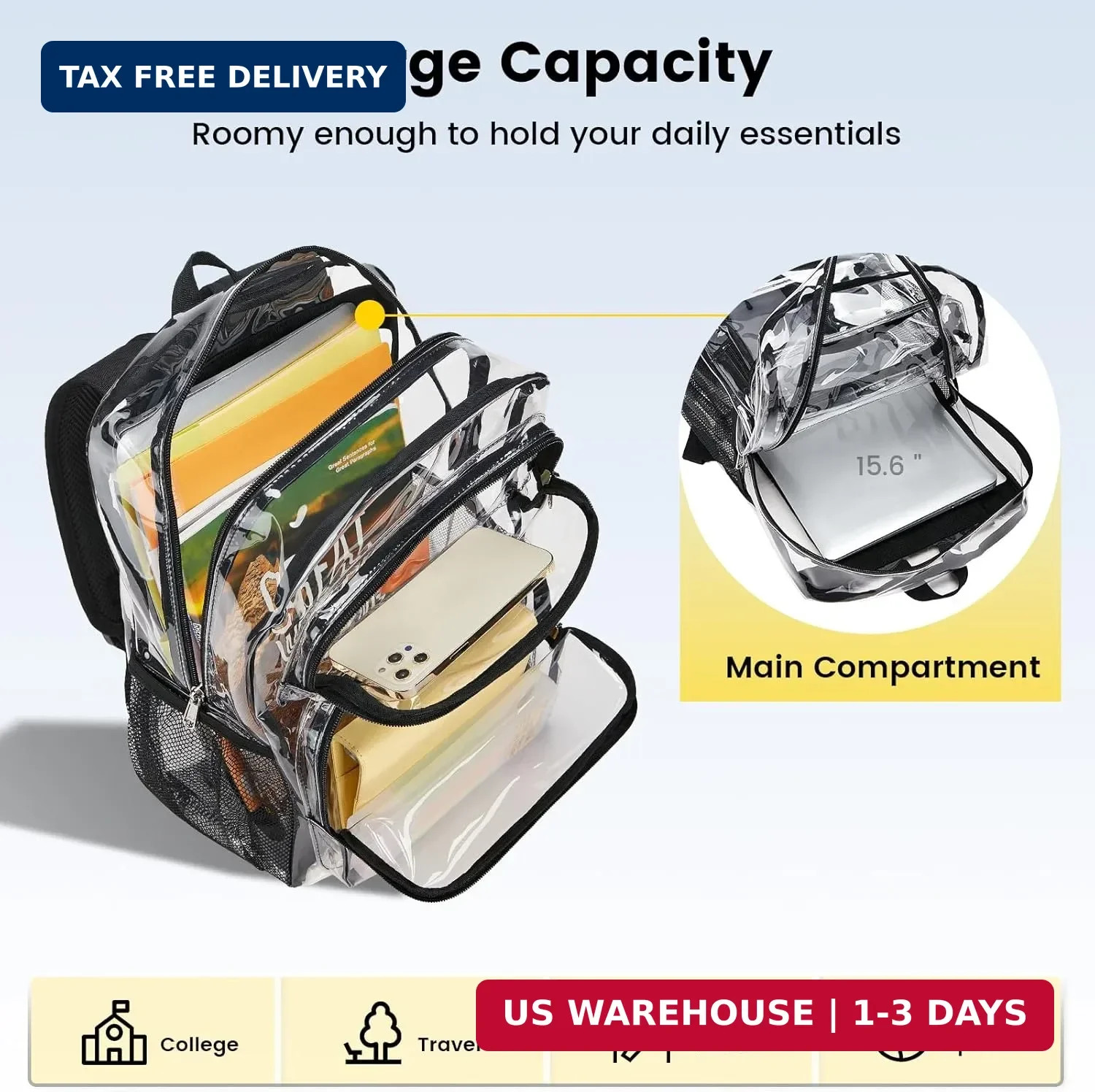 Vorspack Clear Backpack Heavy Duty – Large Clear Bookbag Transparent Backpacks S