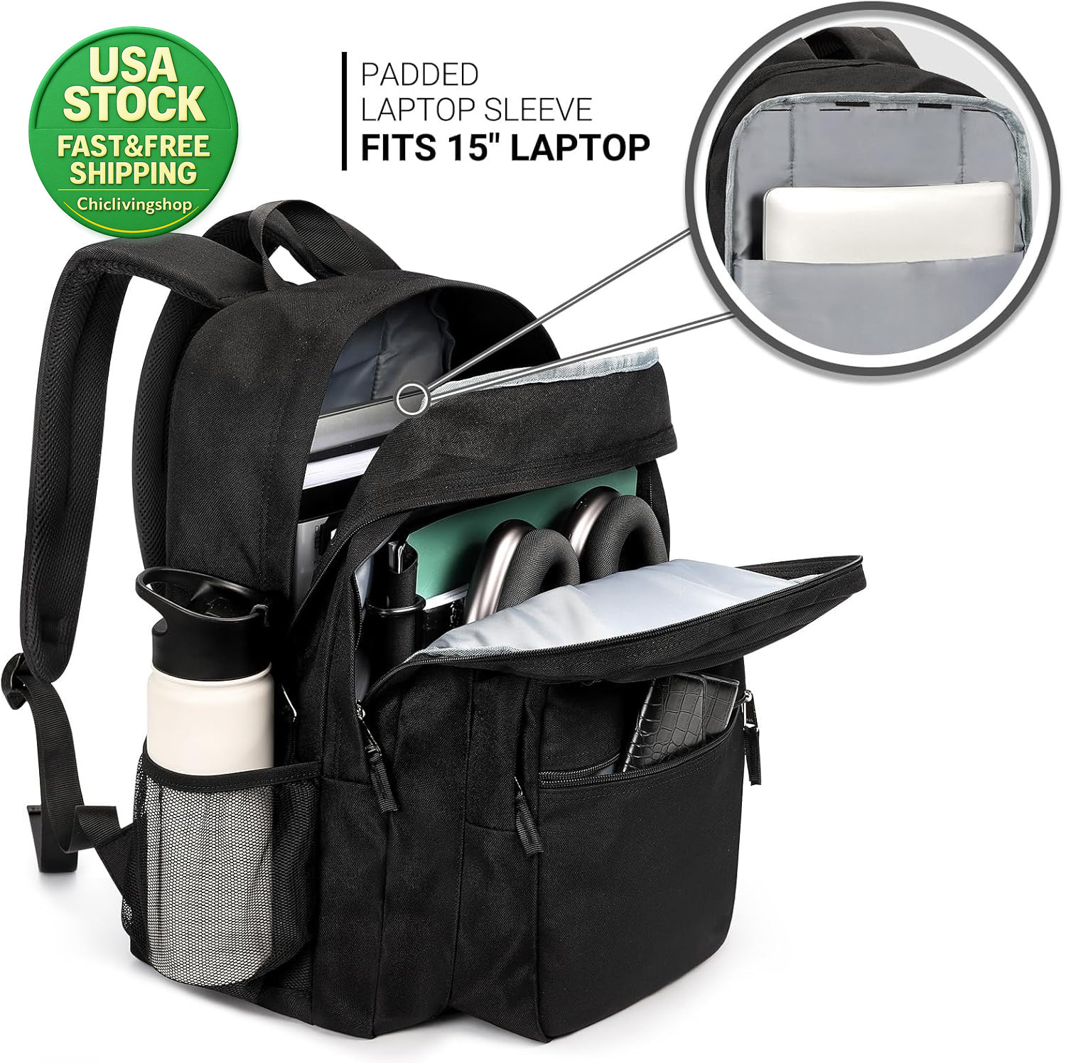 Black Backpack 26L Water Resistant College Travel 16.5 Inch Laptop Bag