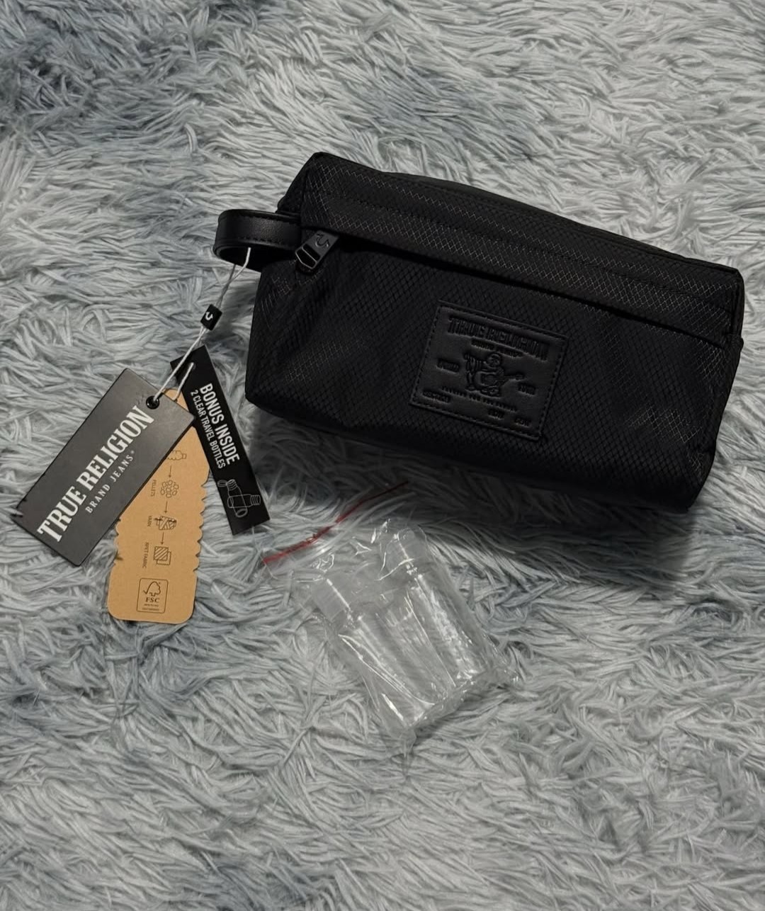 🔥 True Religion Men’s Toiletry Bag Black With Buddha Logo, 2 Travel Bottles NWT