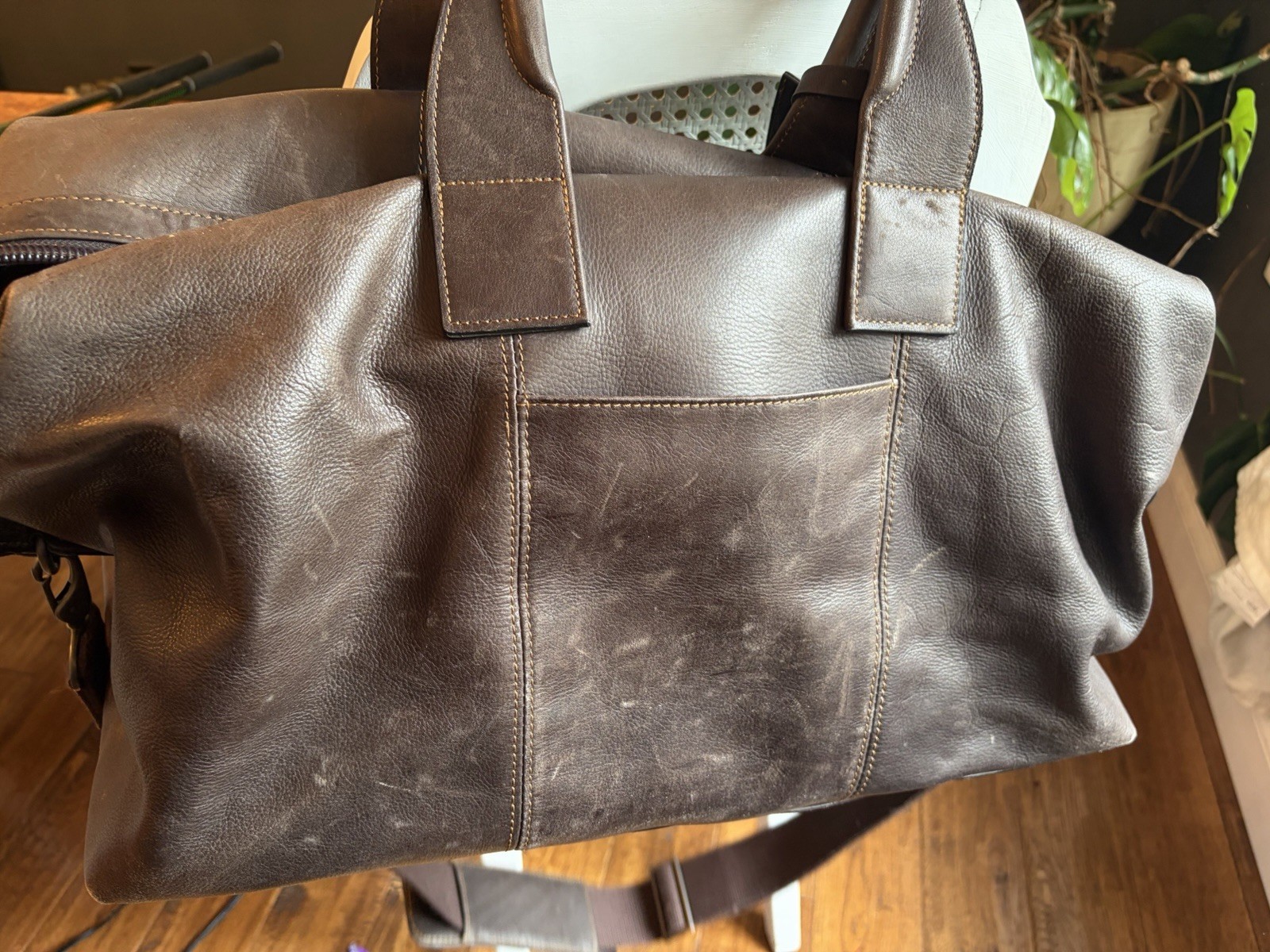 Kenneth Cole Dark Brown Genuine Leather Duffle Weekender Travel Bag Vintage Y2K