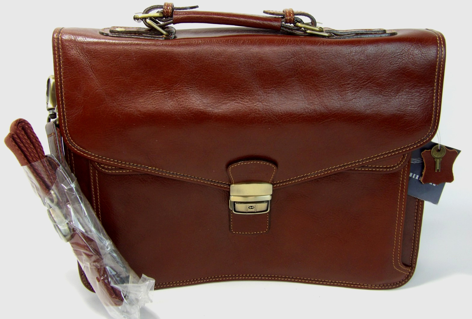 Hexagona Brown Genuine Leather w/ Flap 3 Compartments Shoulder Laptop Bag New!