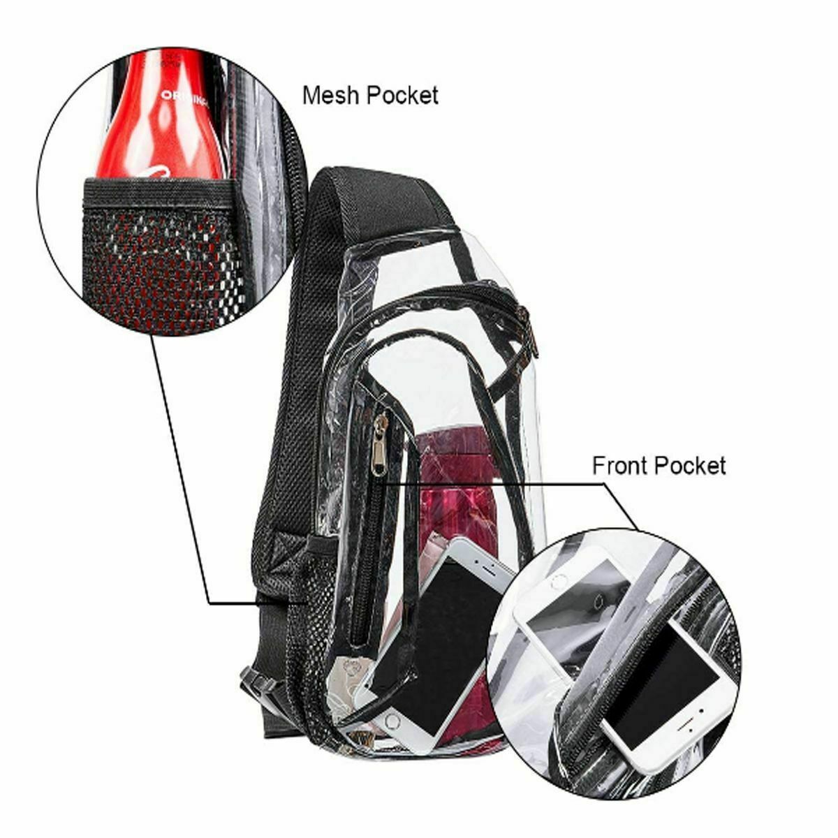Clear PVC Stadium Approved Sling Chest Bag w/ Mesh Pocket Concert Sports Travel