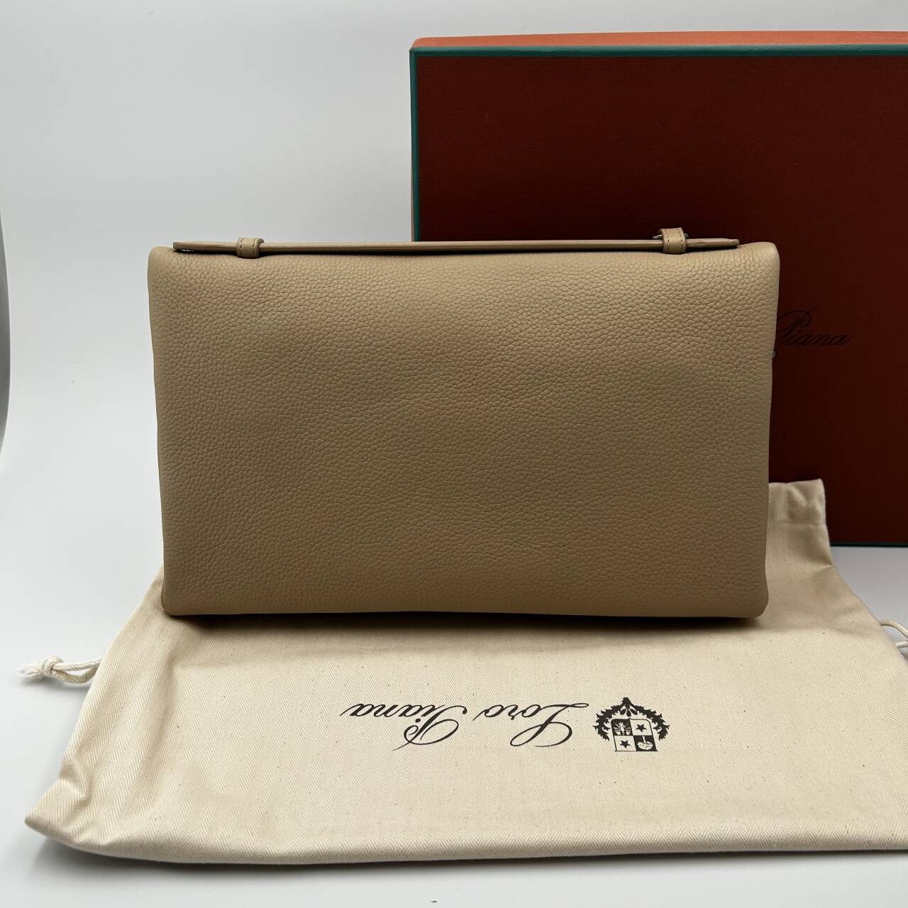 Loro Piana Extra Pouch L29 Grained Calfskin Warm Mastic Onyx Clutch Wristlet Bag
