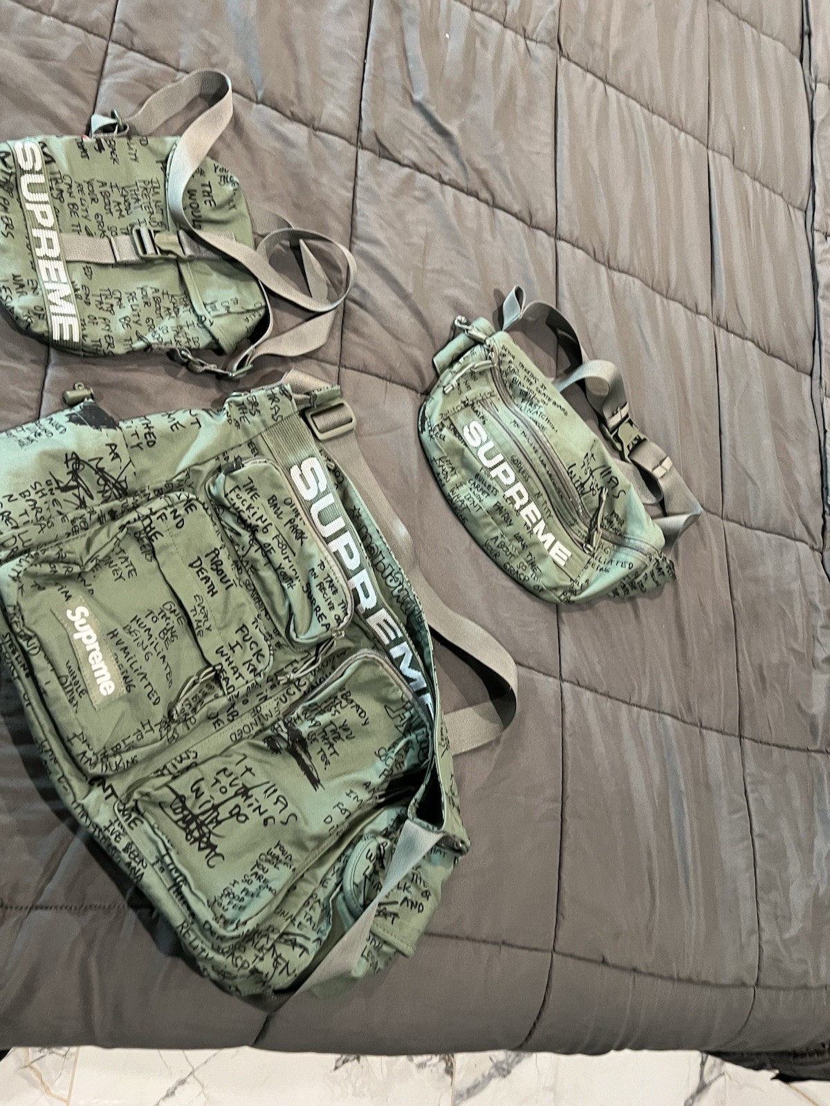 Supreme SS22 Fat Tip Jacquard Denim Olive 3 Bag Set NEW Messenger Waist Sling