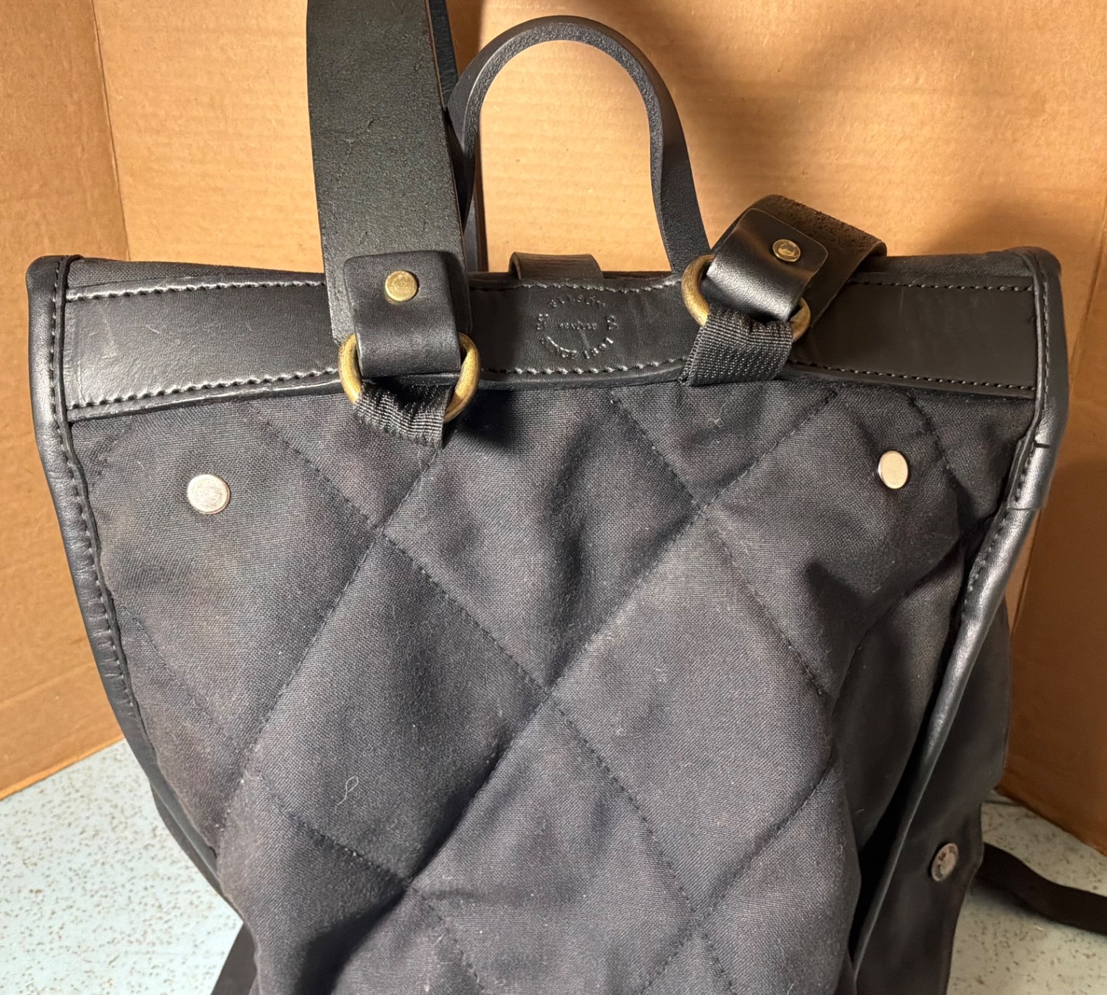 FILSON RUGGED BLACK BACKPACK w/LEATHER BRIDLE STRAPS & BRASS BUCKLES DRAWSTRING