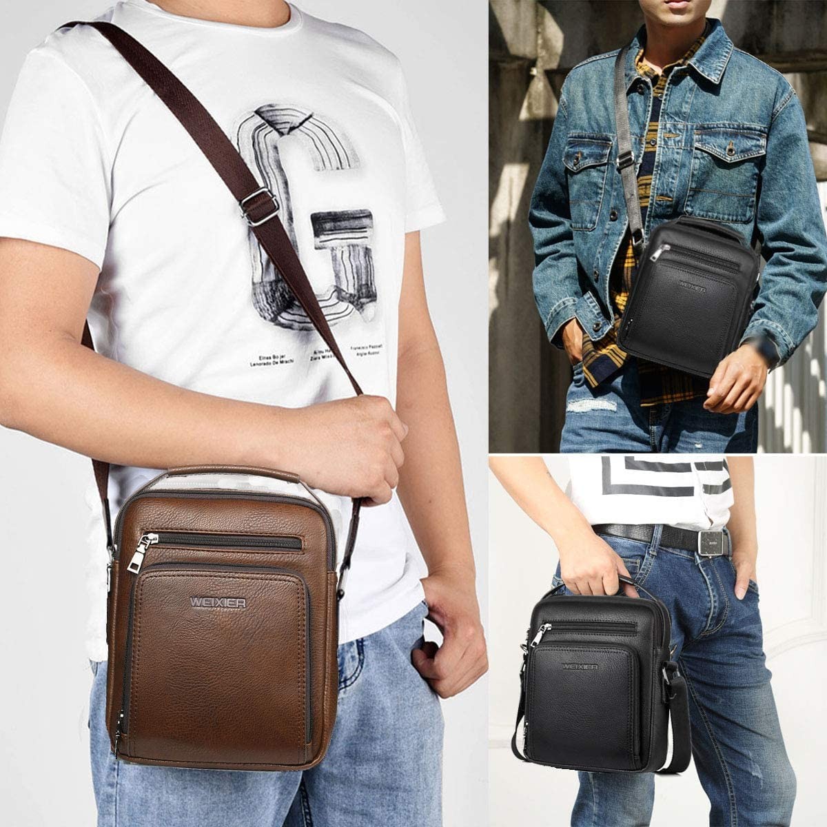 Zipper Buckle Leather Messenger Bag Vintage Handle Bags for Men Ajustable Sat…
