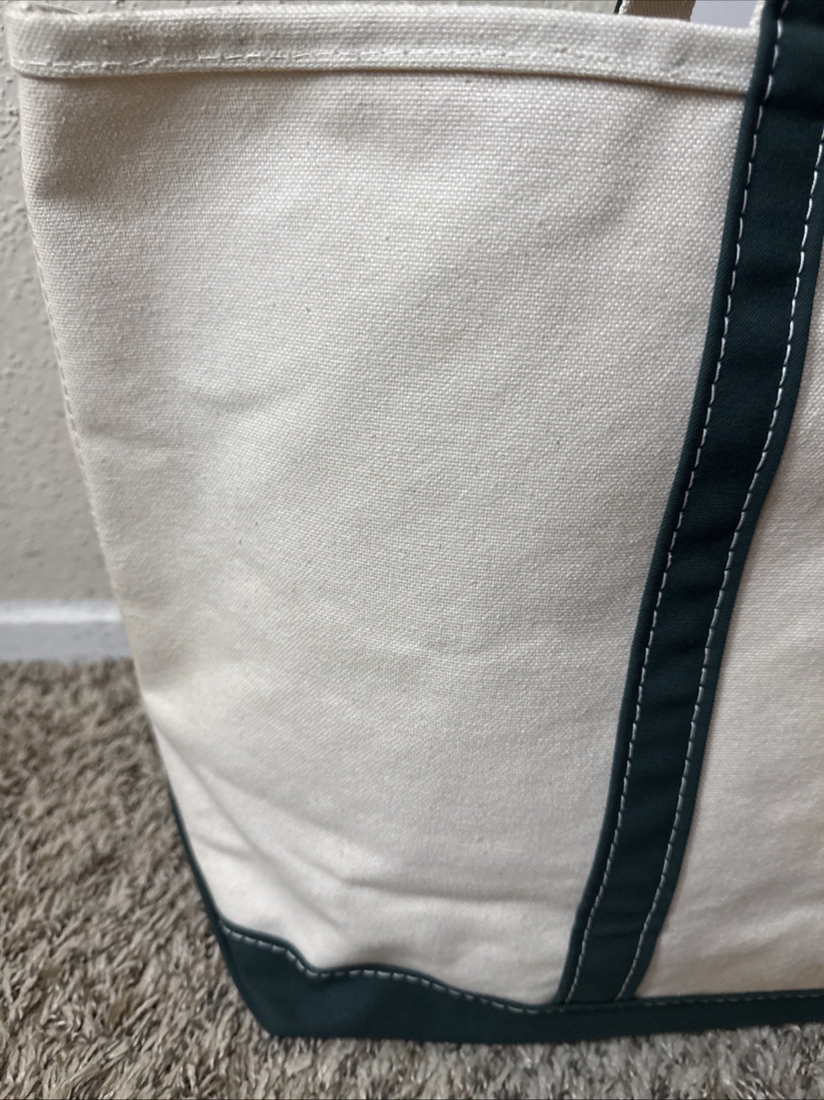 LL BEAN BOAT & TOTE Canvas Bag Large Forest Green Accent Short Handle Open Top
