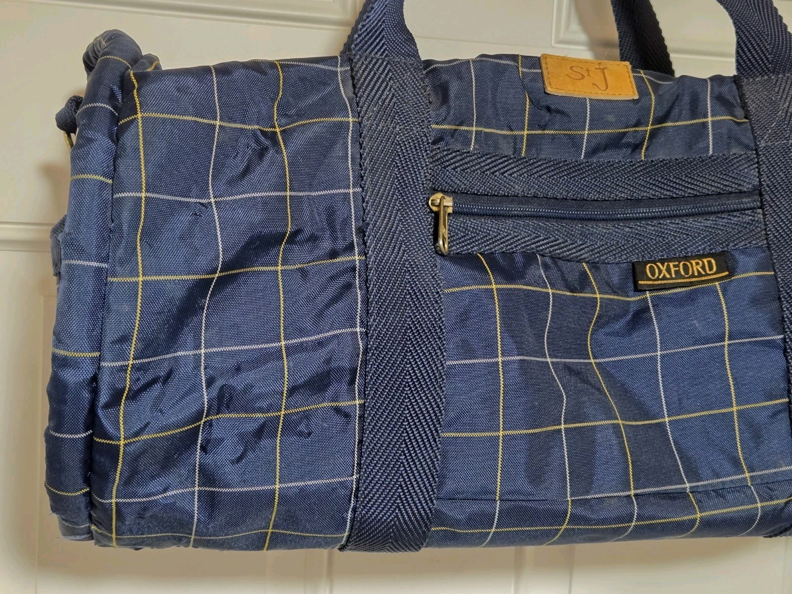 Oxford Blue Plaid Duffle Bag Vintage Polyester / Nylon 22″x13″x9.5″ St J Patch