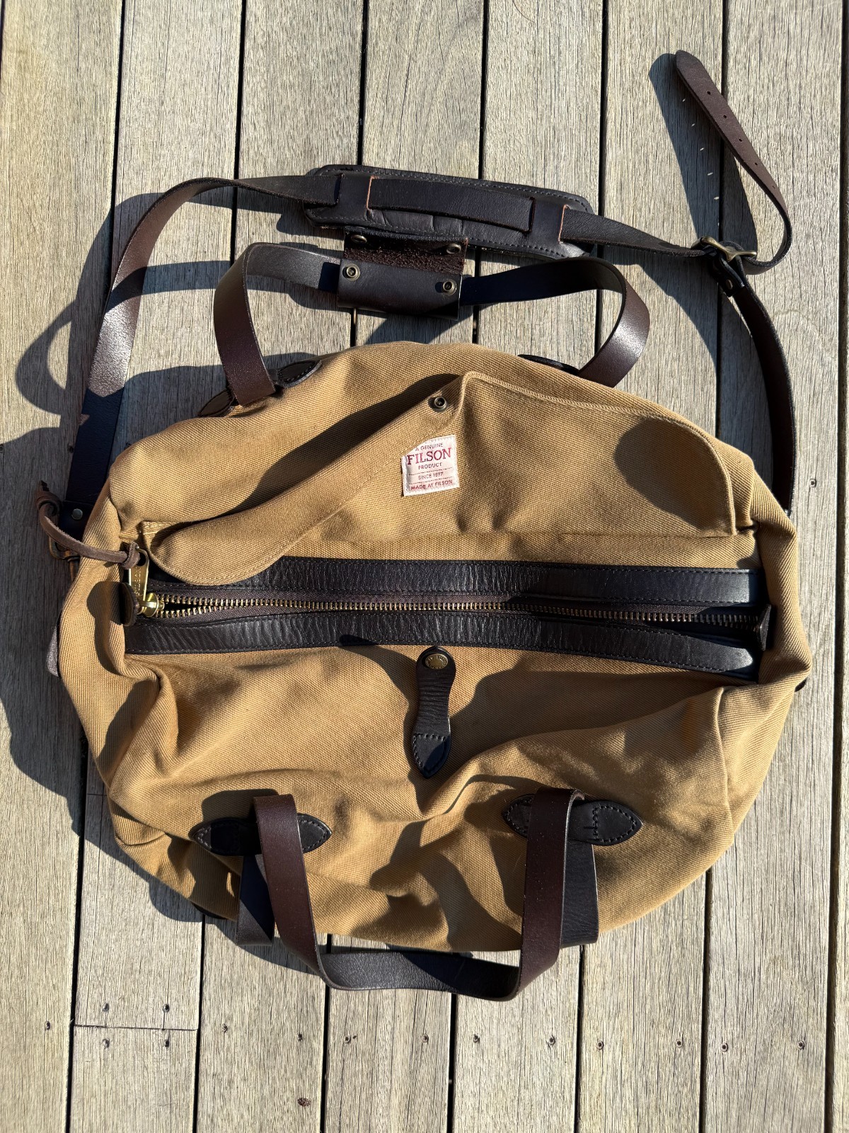 Filson Medium Rugged Twill Duffle Bag Tan 70222 Made at Filson USA Leather Strap
