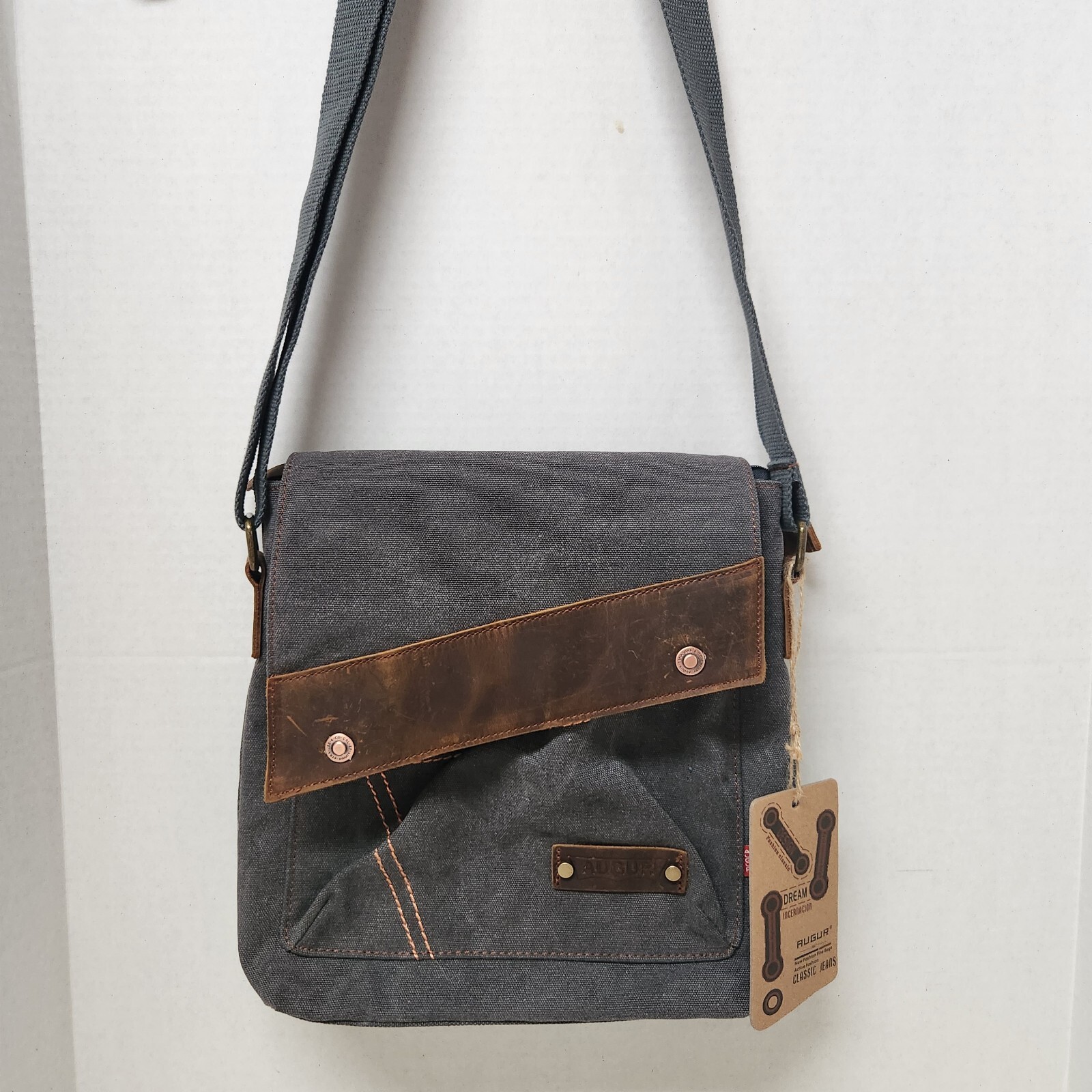 Augur Messenger Bag Leather Canvas Shoulder Crossbody Purse Grey #9088