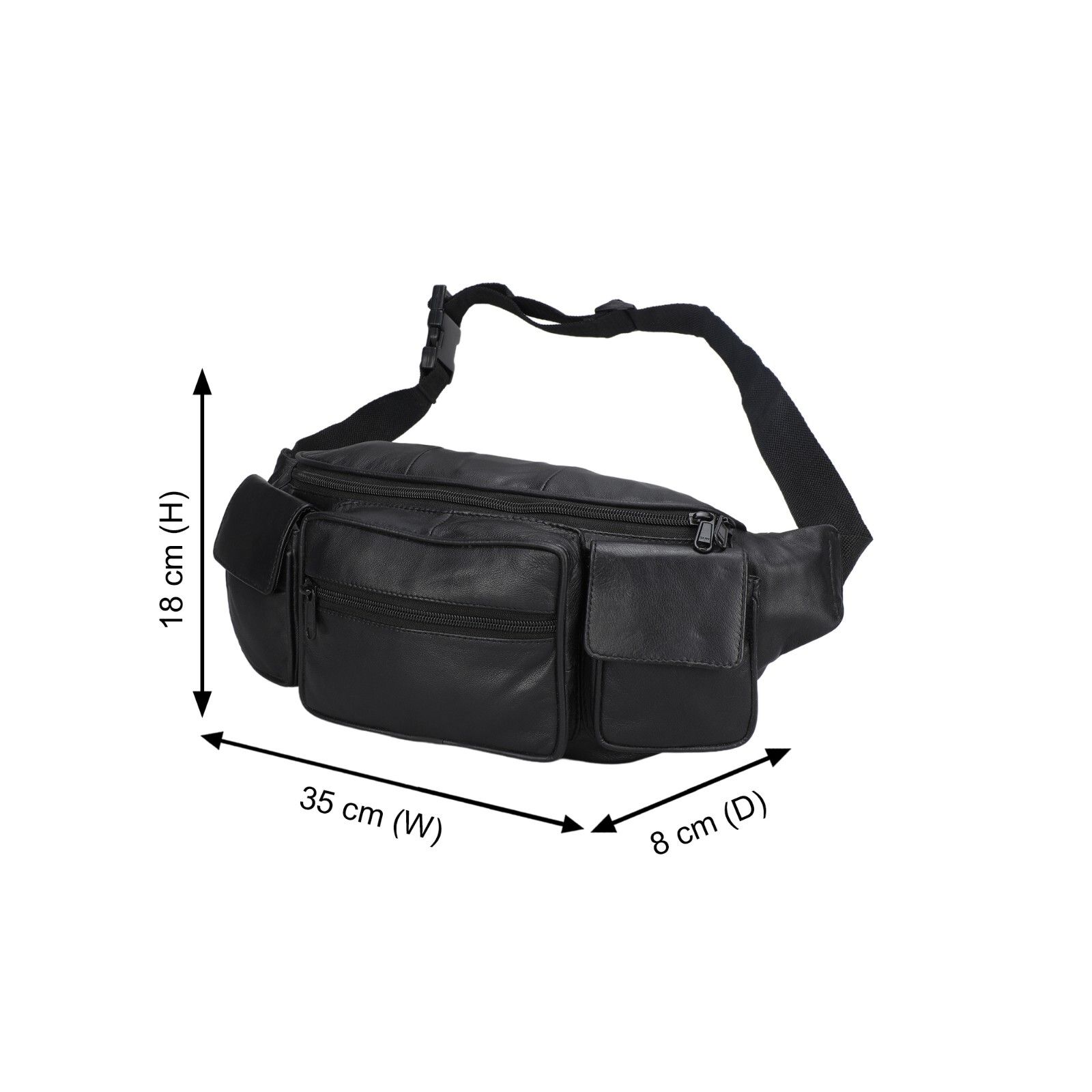 Large Black Solid Leather Waist Fanny Pack Belt Bag Travel Hip Purse