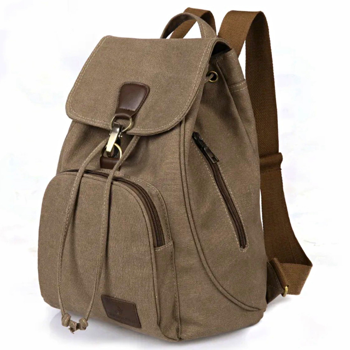 Brown Backpack Medium Drawstring & Buckle, Pockets, Adjustable Strap