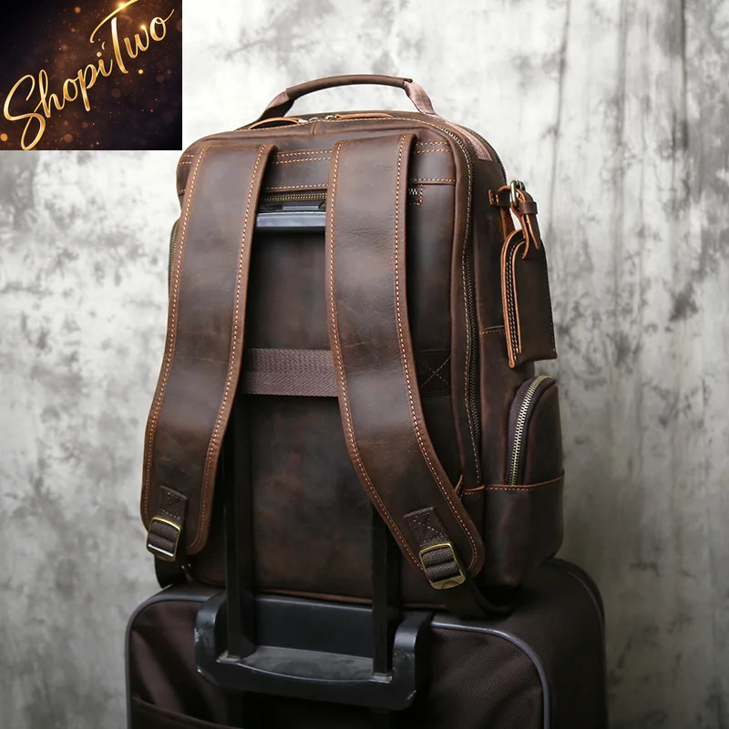 NZPJ Retro Genuine Leather Men Backpack Top Layer Cowhide Rucksack Fashion Man