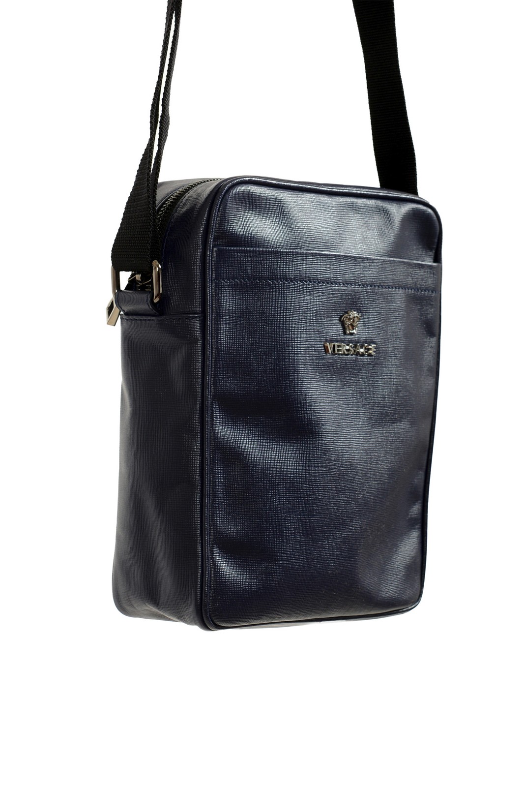 Versace Unisex Navy Blue Textured Leather Medusa Logo Crossbody Shoulder Bag