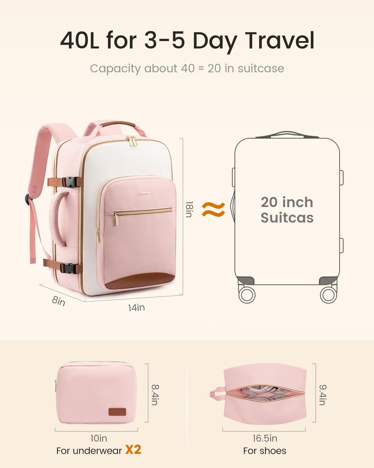 40L Carry On Waterproof Travel Backpack 17″ Laptop TSA Approved