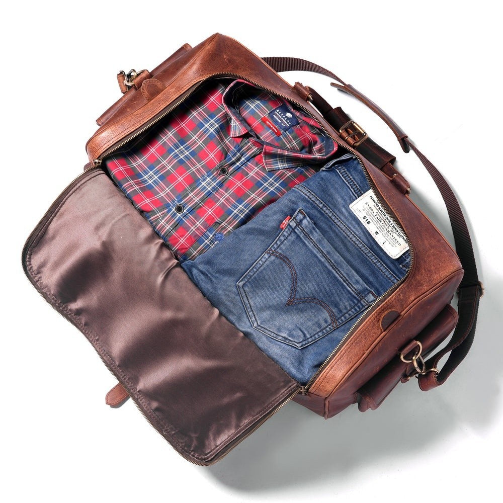 Men’s Full Grain Buffalo Leather Duffle Bag Vintage Travel Weekender Brown 22″.