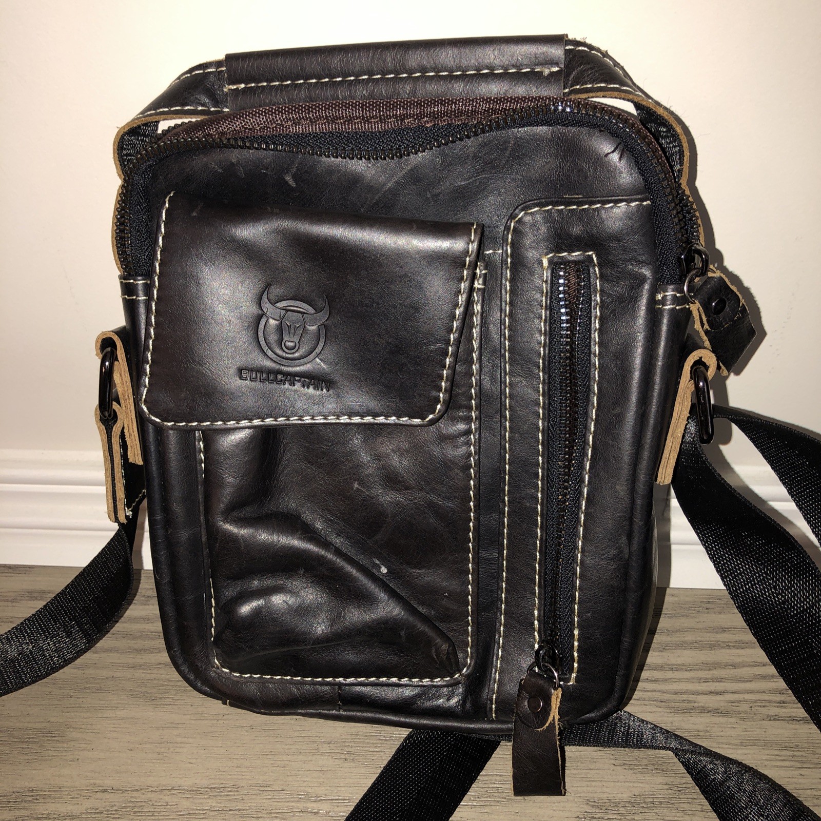 BULLCAPTAIN Leather Men Shoulder Bag Small Men Bag Vintage Casual Bag 9″