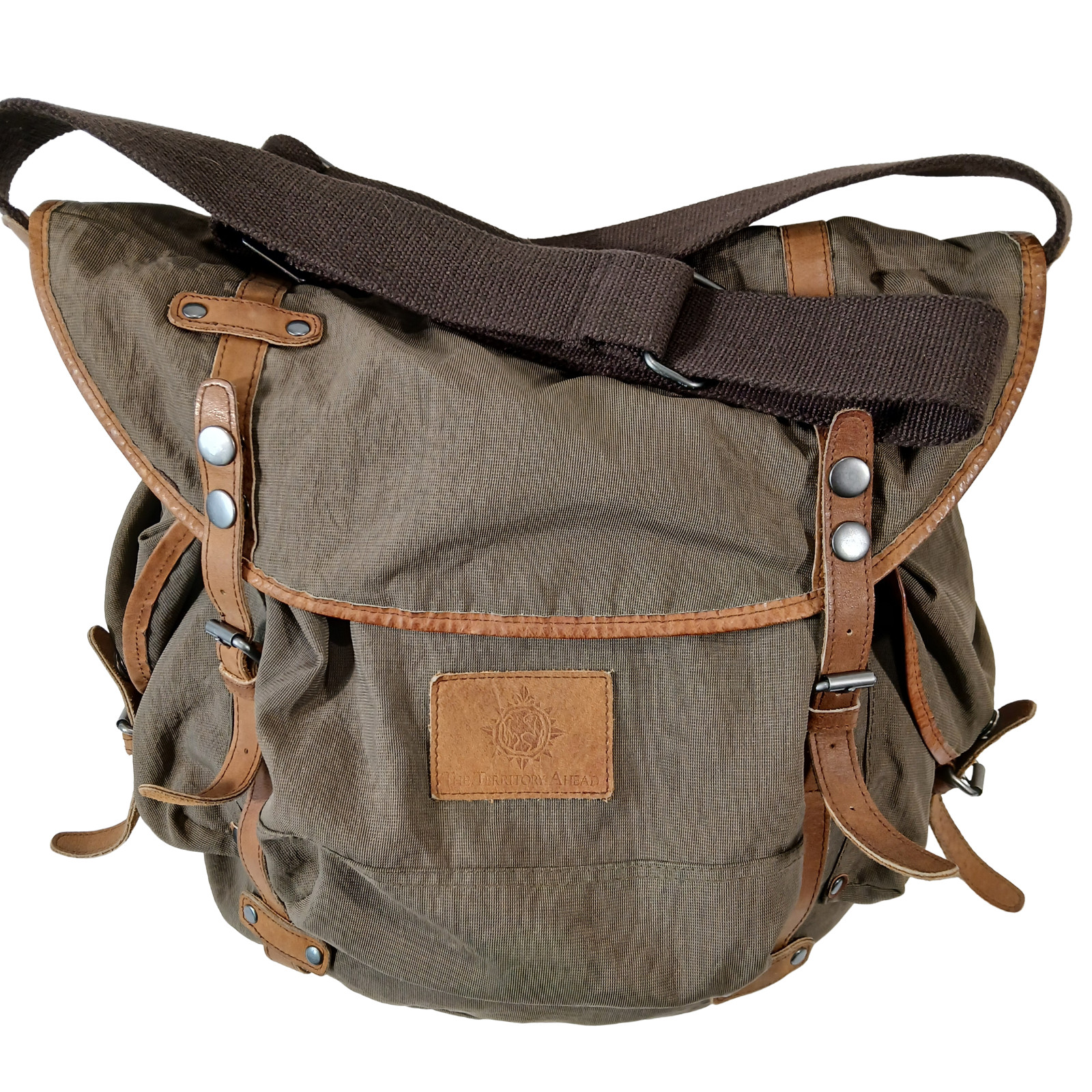 Territory Ahead Canvas Leather Trim Field Messenger Bag Olive Green Travel Utili