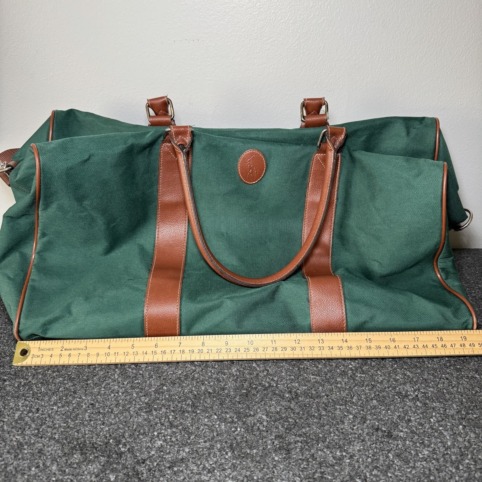 Vintage Ralph Lauren Weekender Duffel Bag Canvas Green Brown Leather Trim Travel