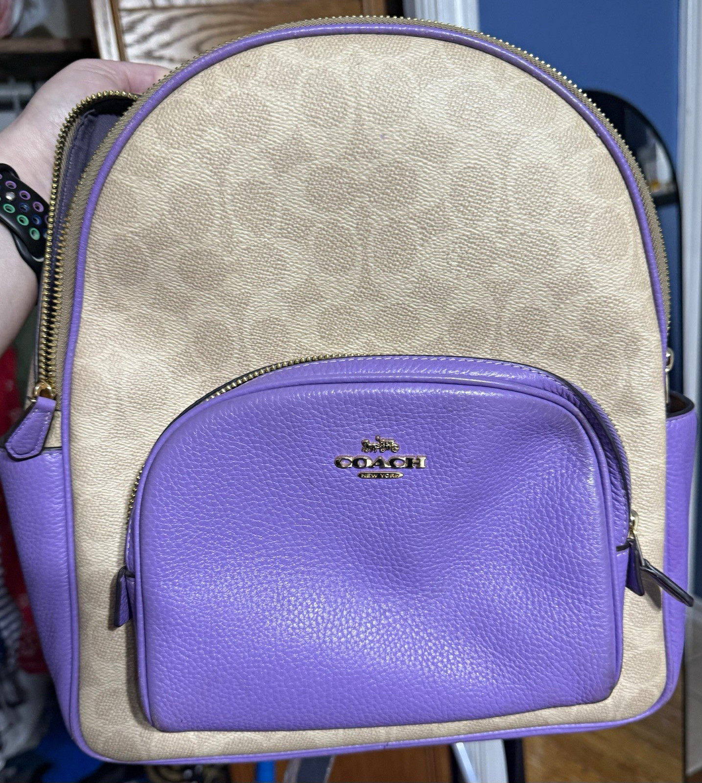 Coach Logo Backpack Purple Beige Zip Closure Adjustable Strap