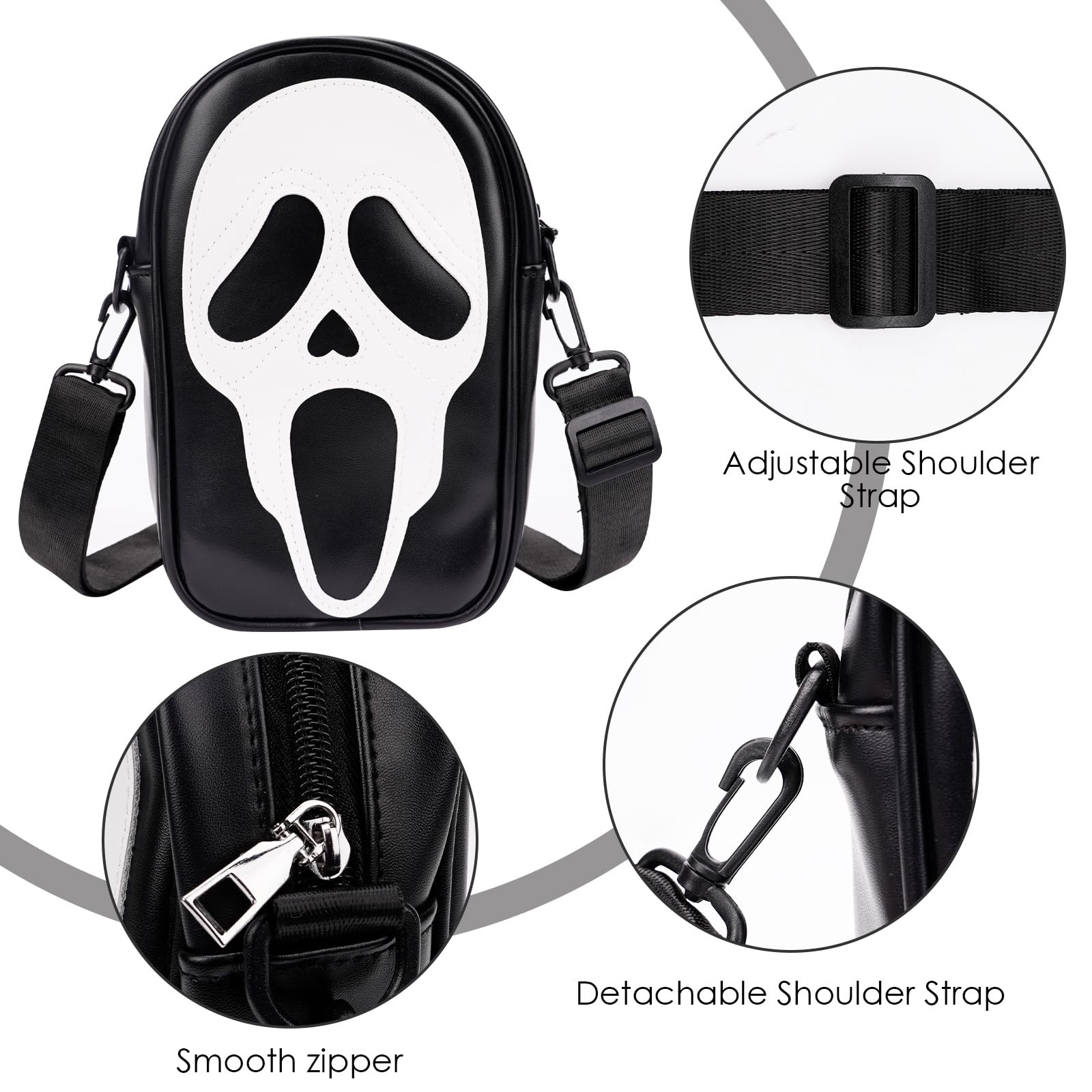 Halloween Skull Messenger Bag, Vegan Leather Crossbody Bag, Novelty Ghost Pur…