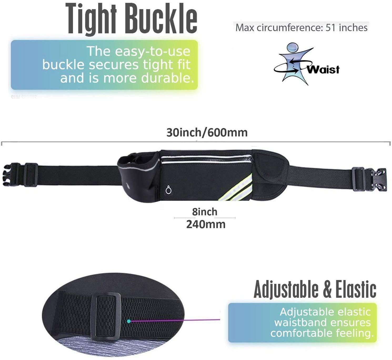 Running Belt w Water Bottle Holder Reflective Phone Waist Bag Fanny Pack