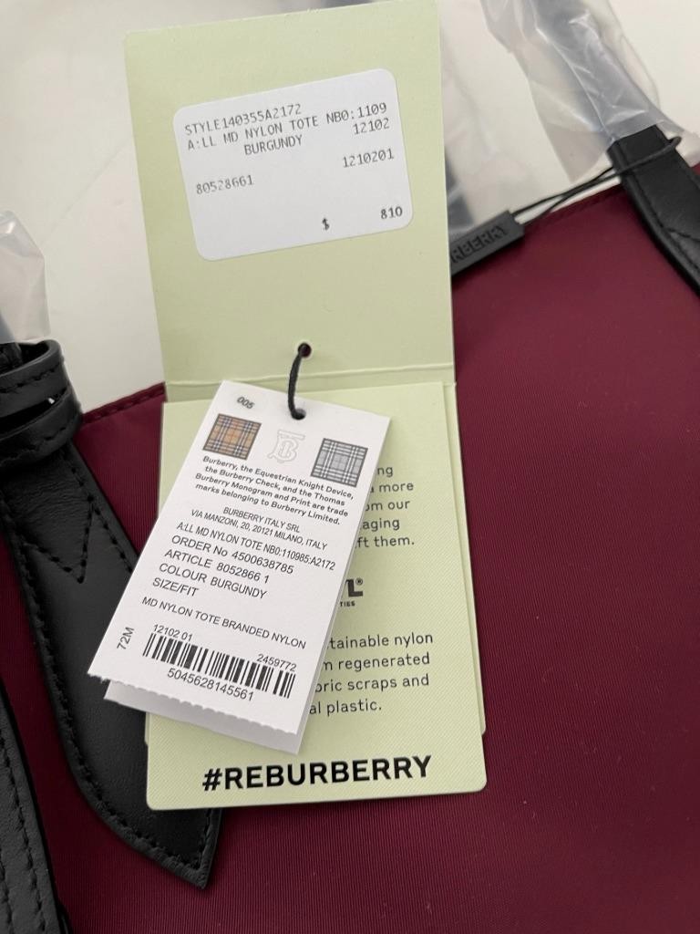 Burberry LL MD Nylon and Leather Tote Bag, in Dark Red, Made in Italy