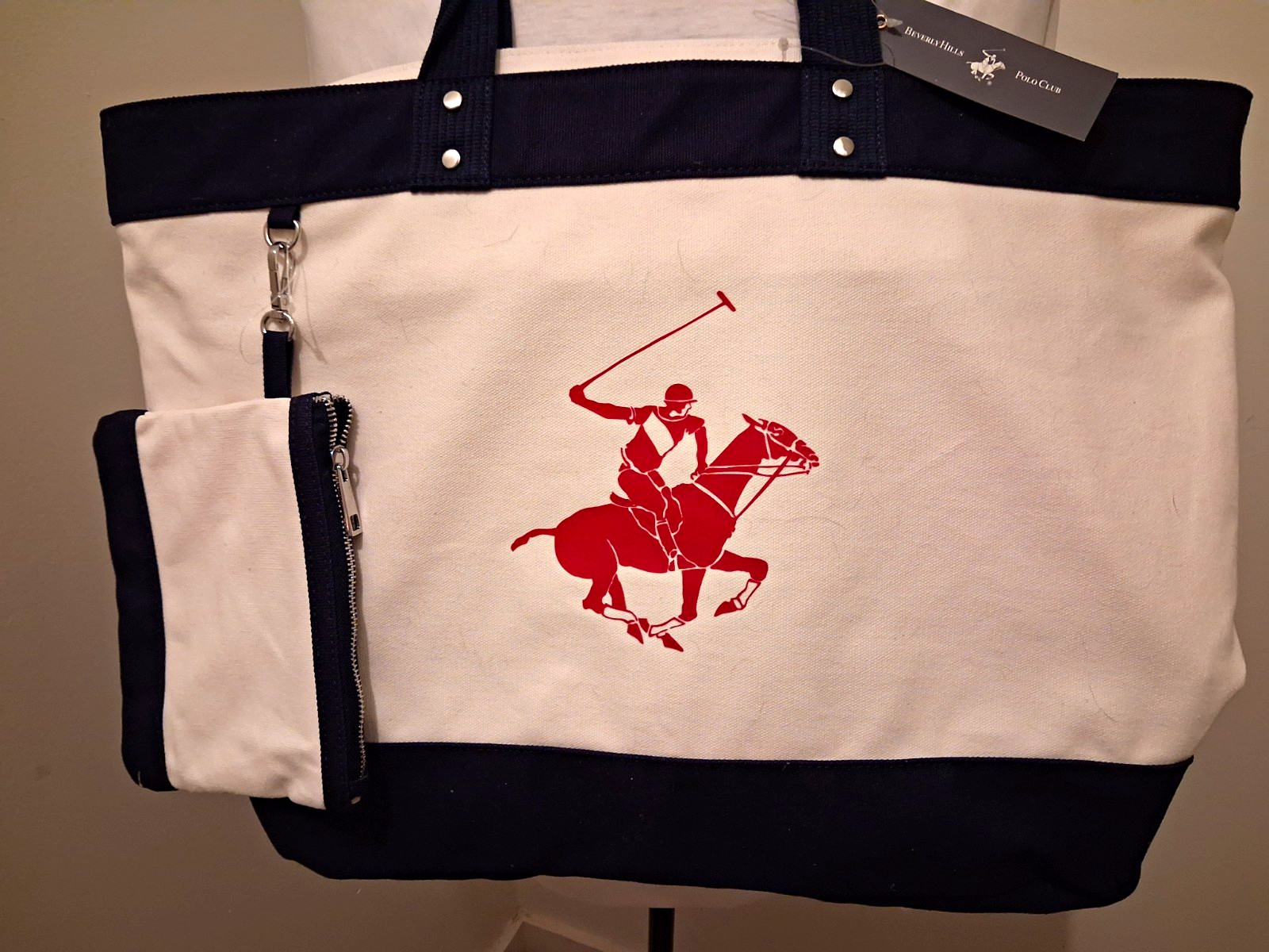 Beverly Hills Polo Club Colorblock Tote White/Black/Red Zip Outer Pockets