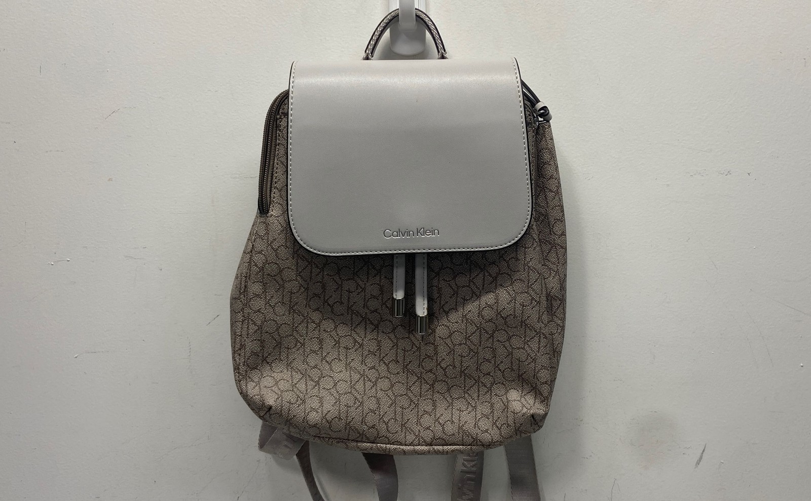 Calvin Klein Brown Monogram Canvas Grey Flap Backpack Signature Logo Bag