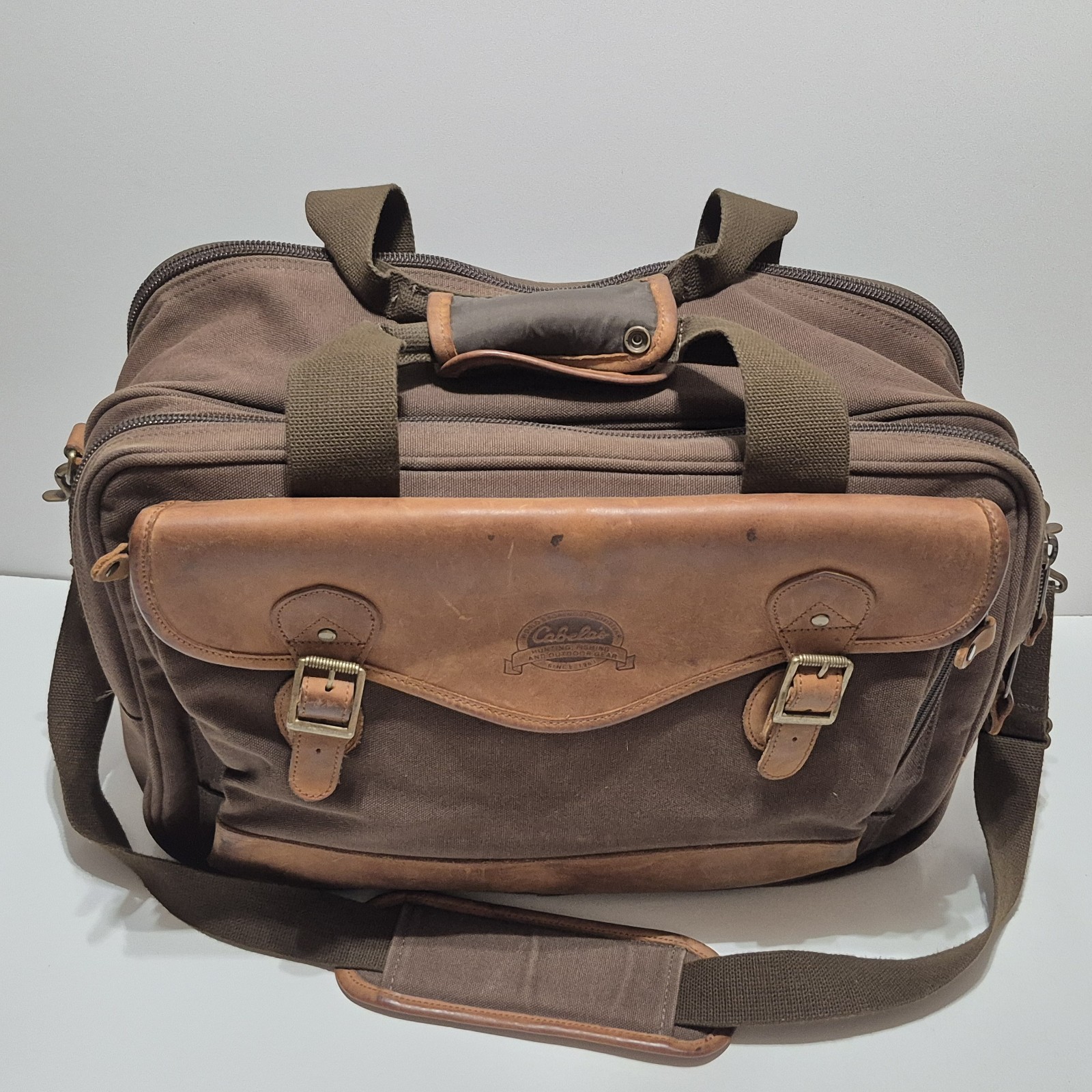 Cabela’s Brown Canvas Leather Large Messenger Laptop Carryon Travel Luggage Bag