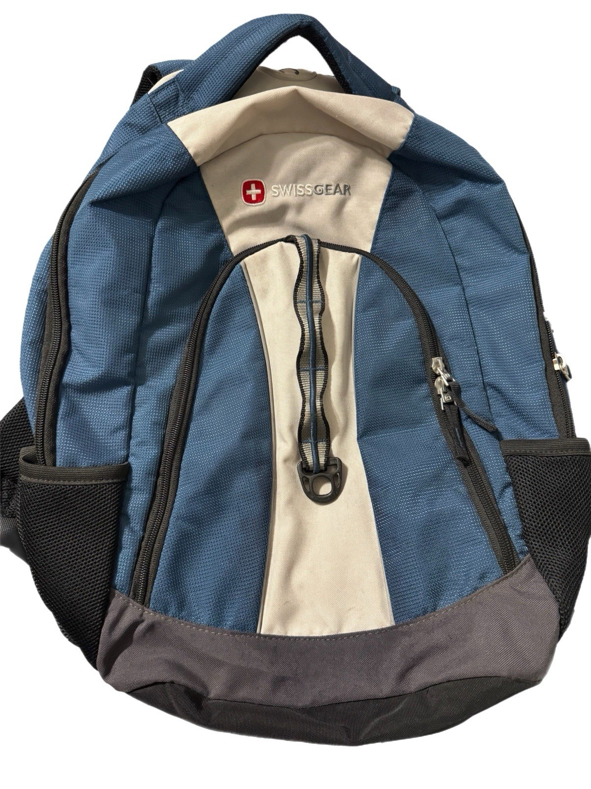 Backpack SWISS GEAR Blue and Gray Headphone pouch Multiple Zippers Hiking Bag.