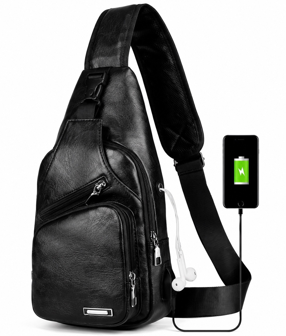 Men’s Black Sling Crossbody Chest Bag, Zip Pockets, Adjustable Strap, USB