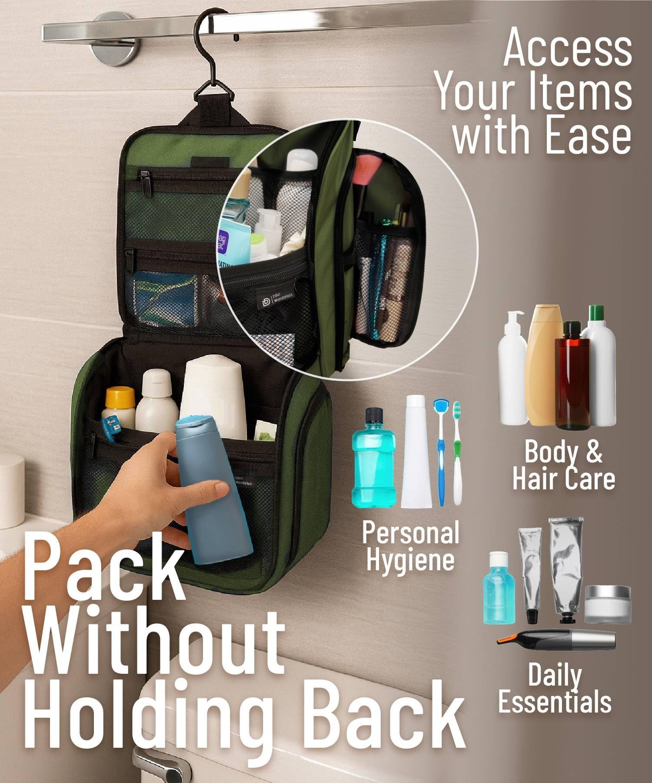 DD D&D Wanderlust Hanging Travel Toiletry Bag for Men and 19x10x2 Inch, Green