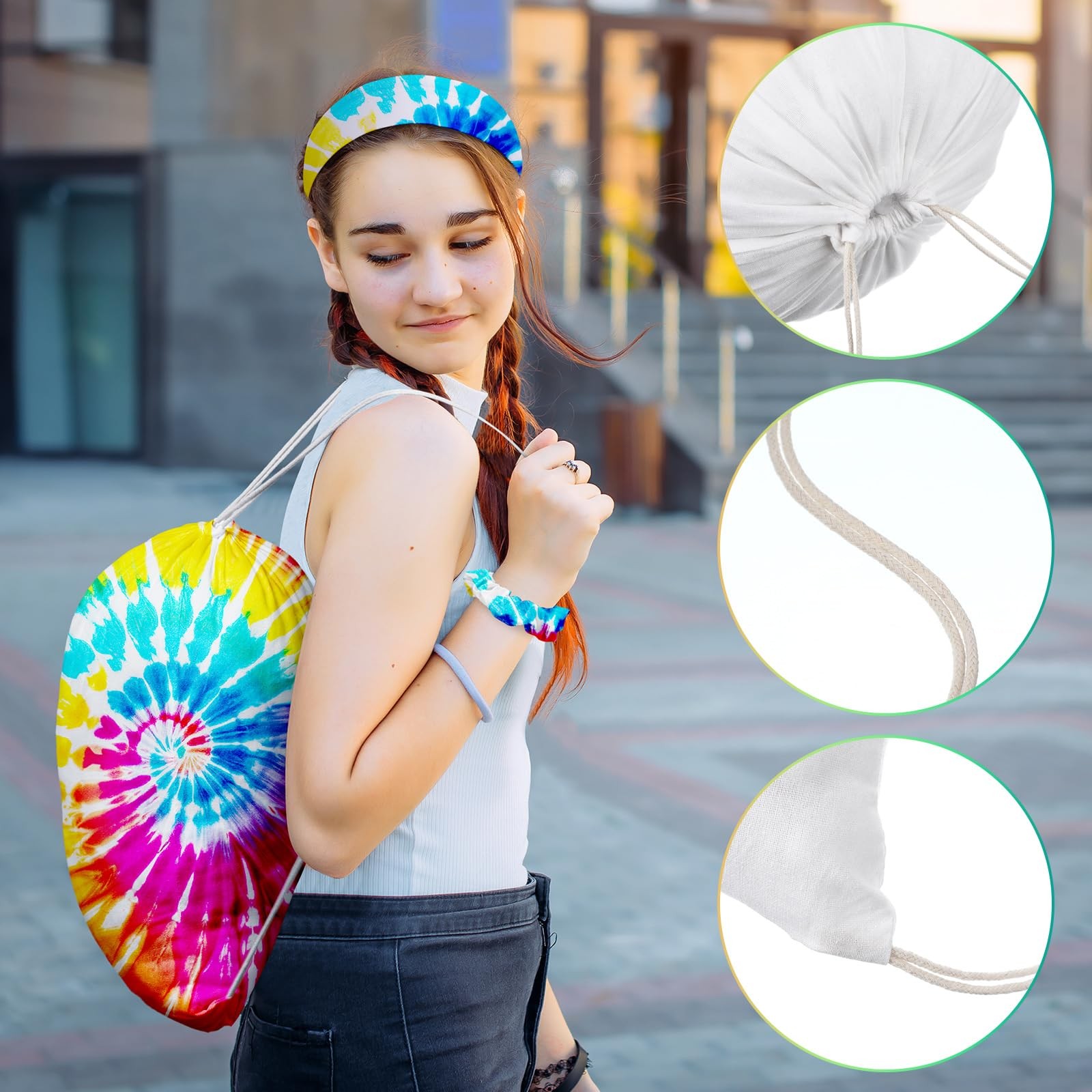 Tie Dye Party Cotton Drawstring Backpack Scrunchie Bow Hair Tie Headband DIY