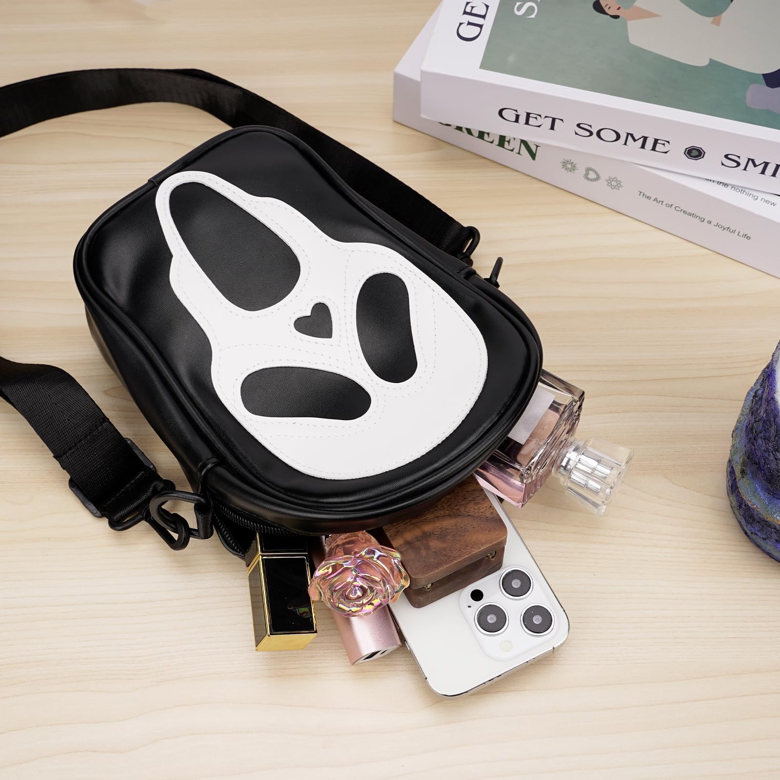 Halloween Skull Messenger Bag, Vegan Leather Crossbody Bag, Novelty Ghost Pur…