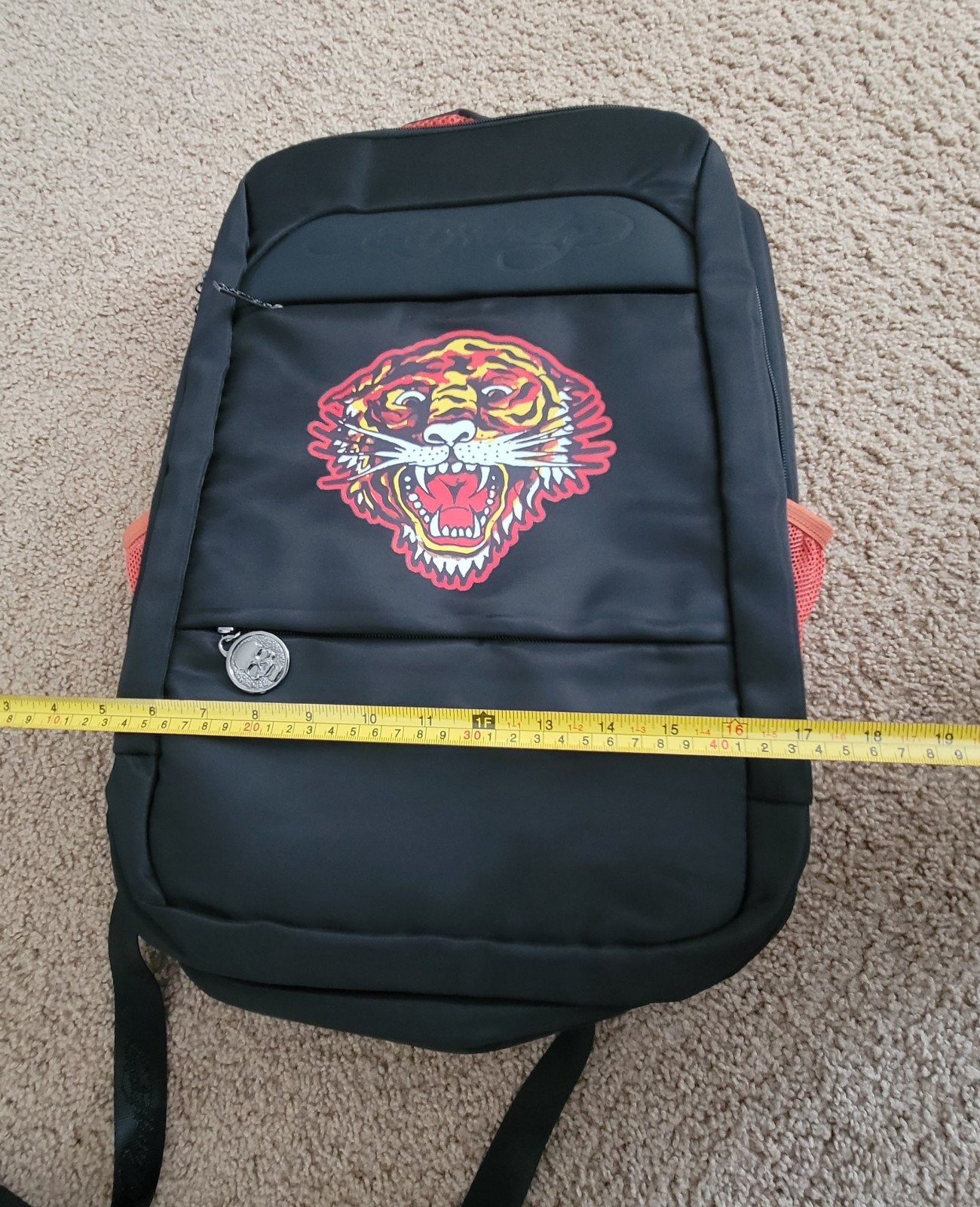 ED HARDY BLACK & ORANGE GRAPHIC ROARING TIGER EMBROIDERED LOGO BACKPACK NWT