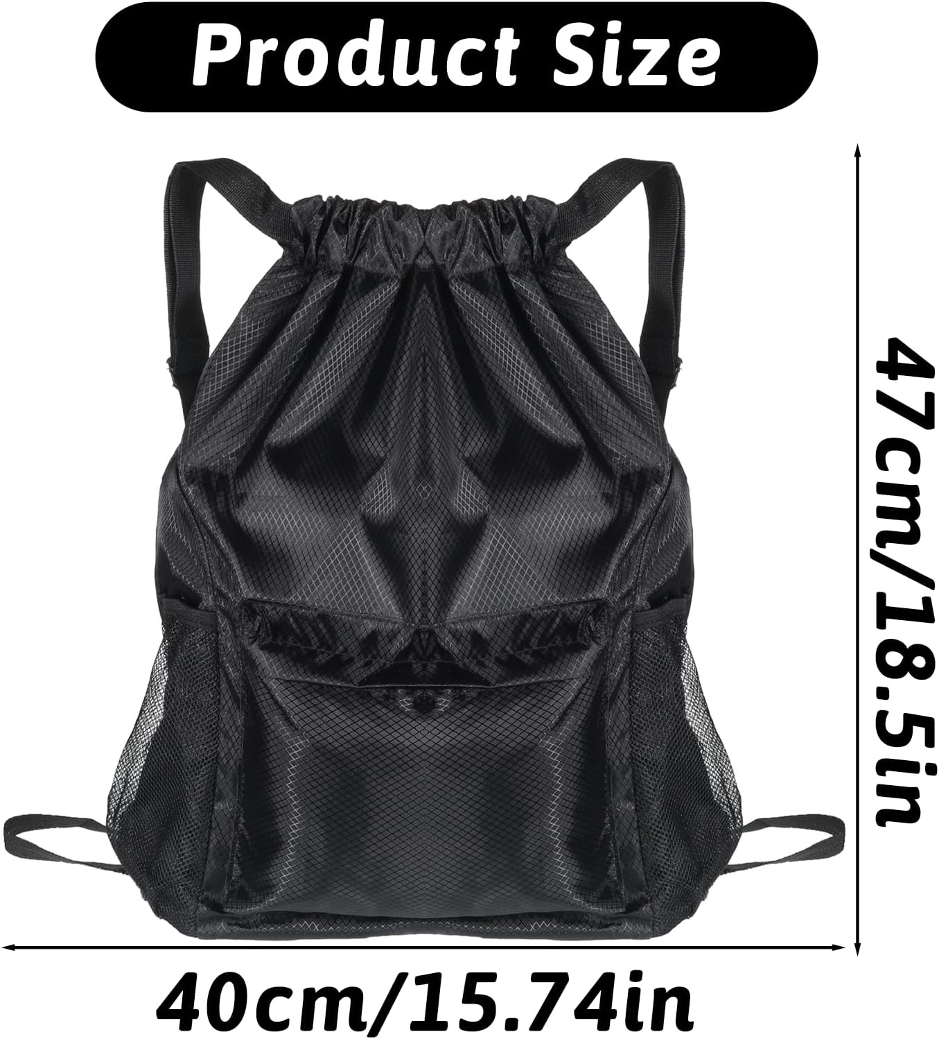 String Backpack, Sports Gym Drawstring Backpack with Water Bottle Pocket Black W