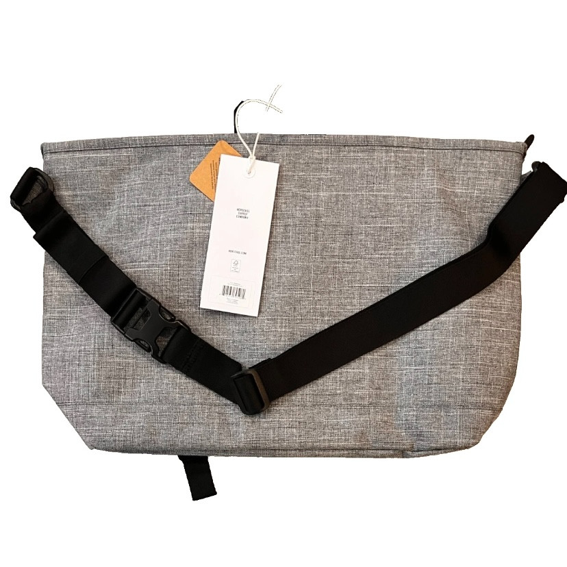 Herschel Gray Messenger Bag Adjustable Strap Buckle Zip Outer Pockets Brand New!