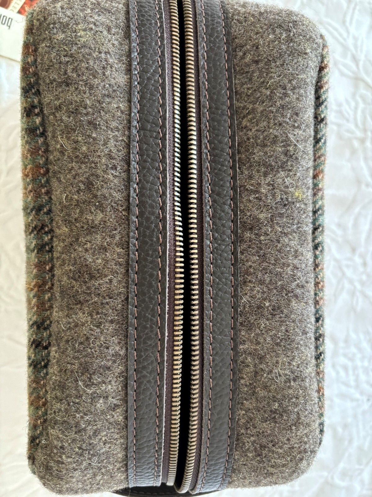 Bonfanti Borse Men’s Wool / Leather Zipper Accessories Bag NWT Green/Brown