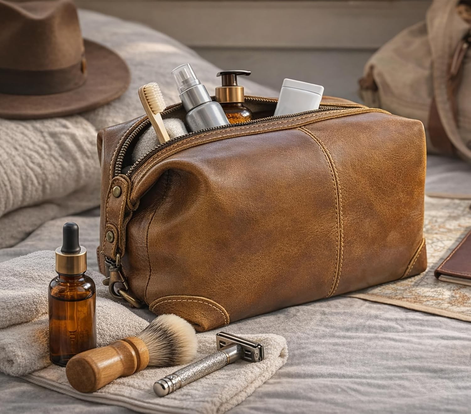 Full Grain Leather Toiletry Bag for Men Women Handcrafted Travel Case Genuine