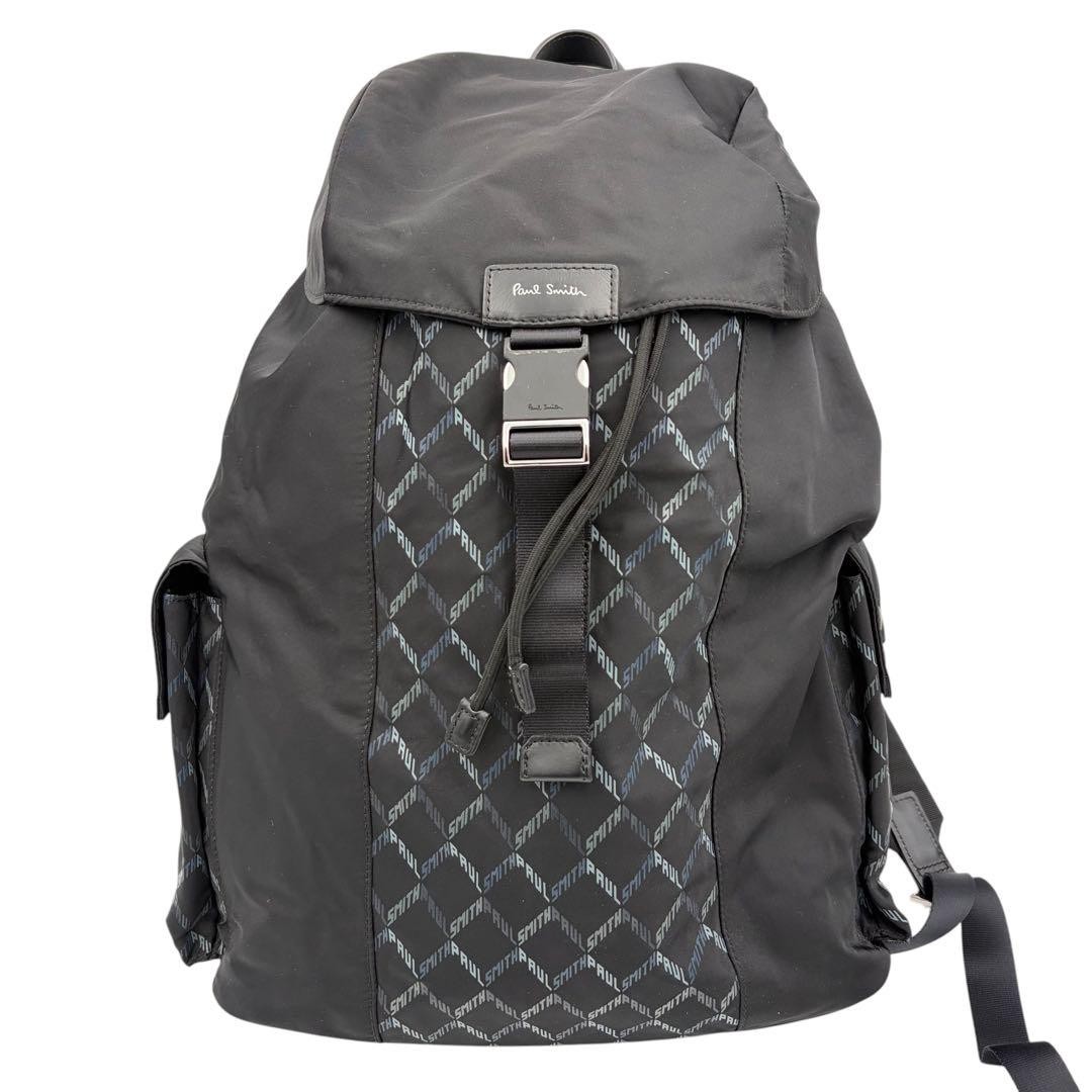 Paul Smith Branded Monogram Backpack Black Leather Nylon 42cm Mens Auth