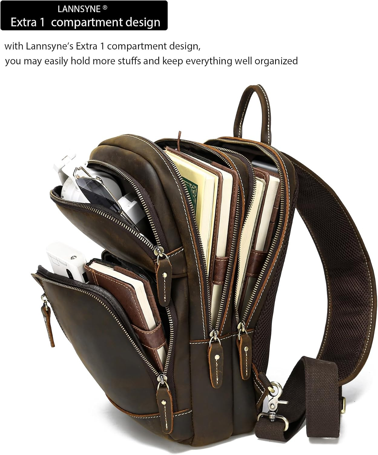 Full Grain Leather Sling Bag for Men, Crossbody Bag Fits 12.9″ Ipad Crossbody Ch