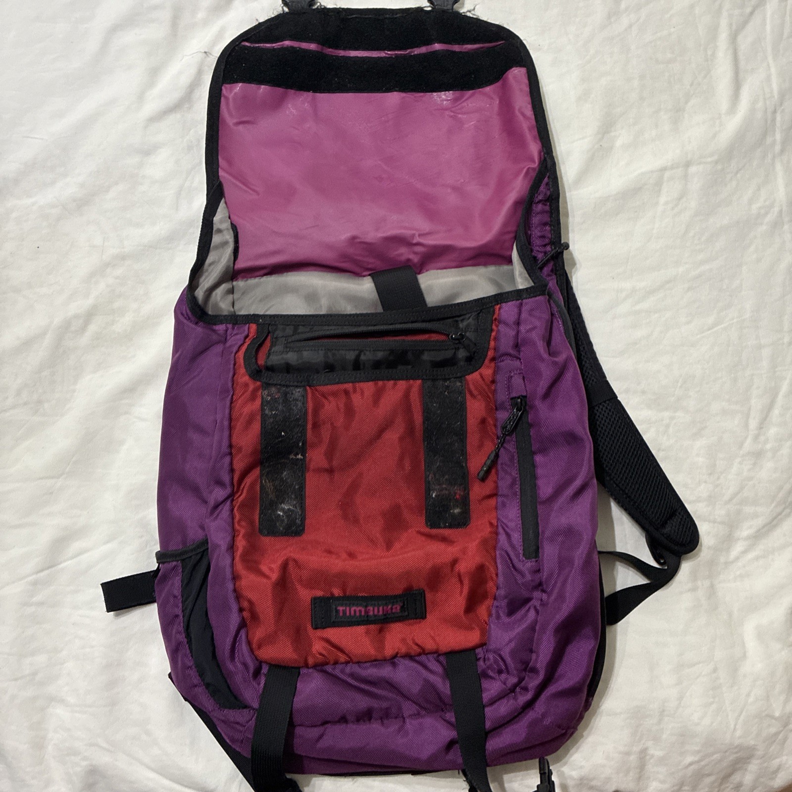 Timbuk2 Red Purple Backpack Laptop Swig Swag Bag EUC Casual Striped Retro