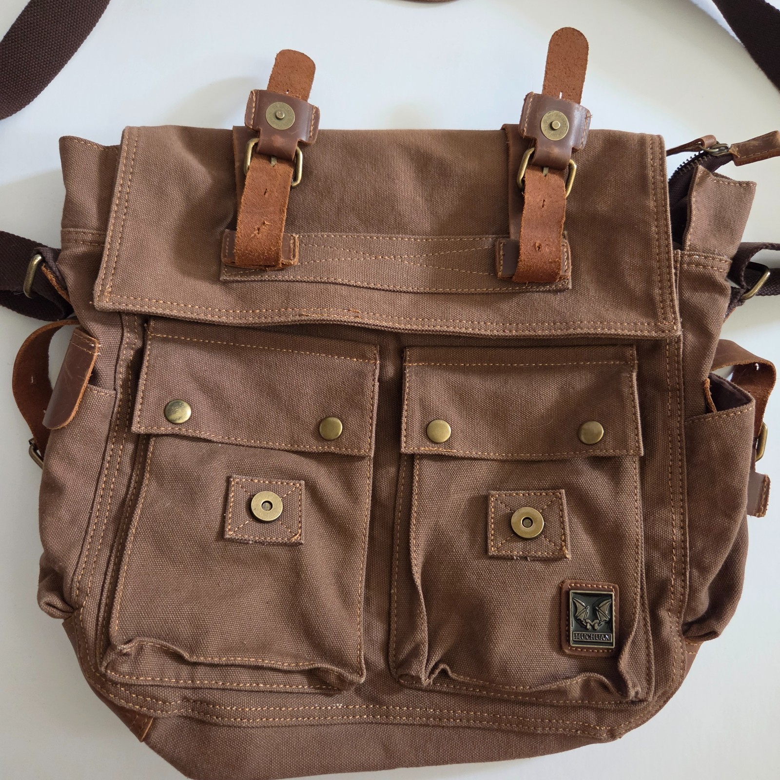 Military Canvas Leather Men Messenger Bag Shoulder Crossbody Bag Sturdy Muchuan