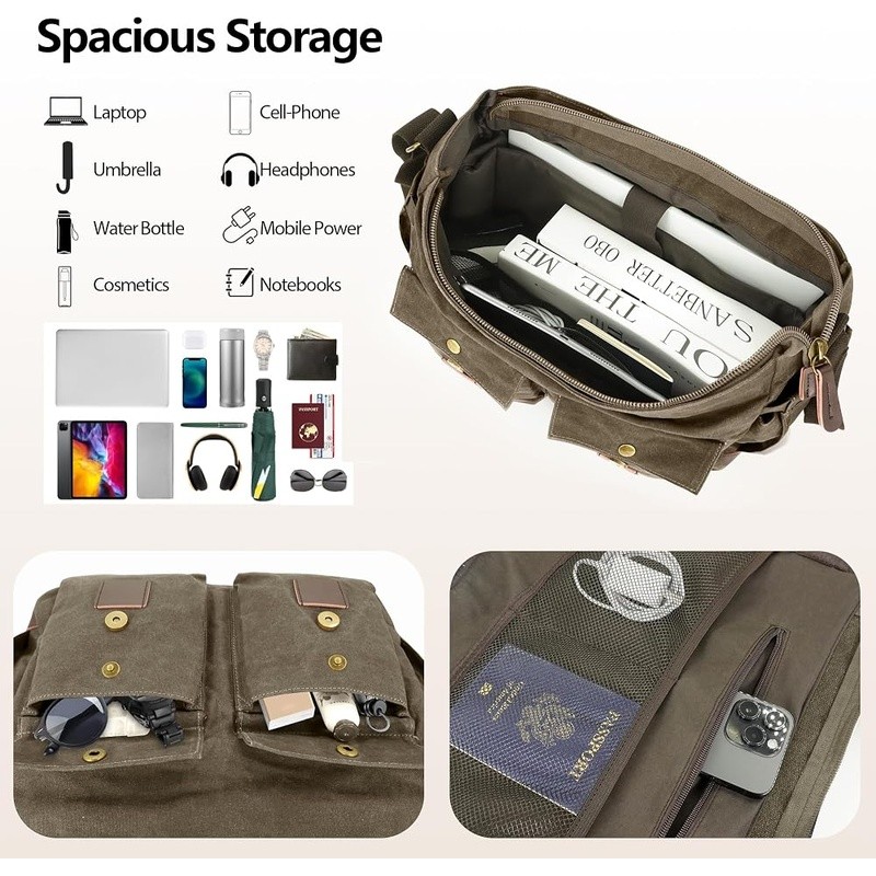 Water-resistant Durable Messenger Bag Laptop Vintage Canvas Adjustable Strap New