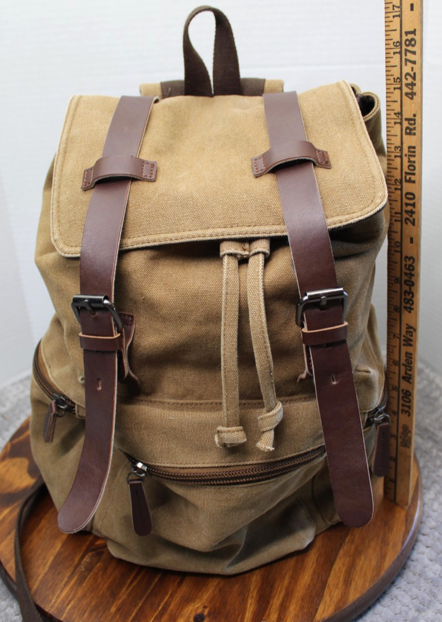 Canvas Leather Backpack Mens Medium Brown Outdoor Hiking Travel Rucksack Pockets