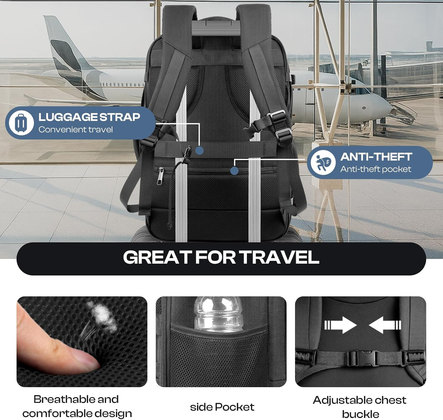 Carry On Backpack 40L-50L TSA Approved Travel Laptop Bag 17.3 Inch Black