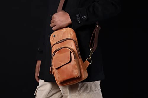 Handmade Buffalo Leather Travel Hiking Crossbody Chest Sling Small Camel Brown