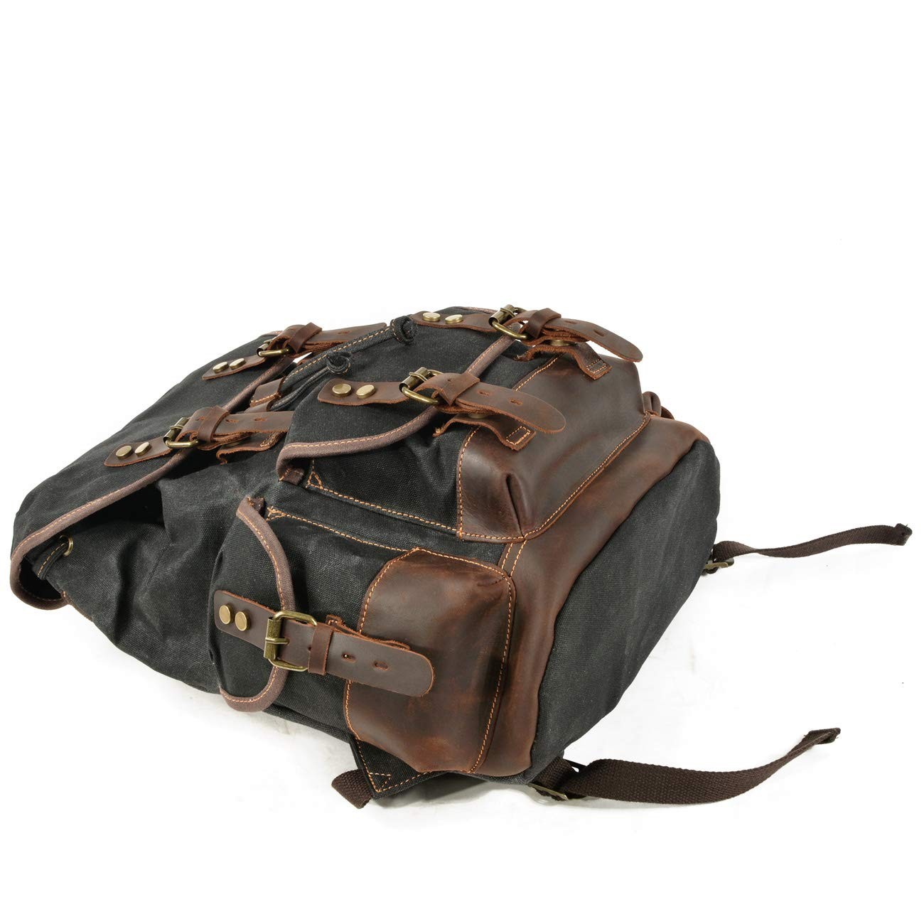 Men Travel Backpack, Genuine Leather-Waxed Canvas Shoulder Hiking Rucksack (G…