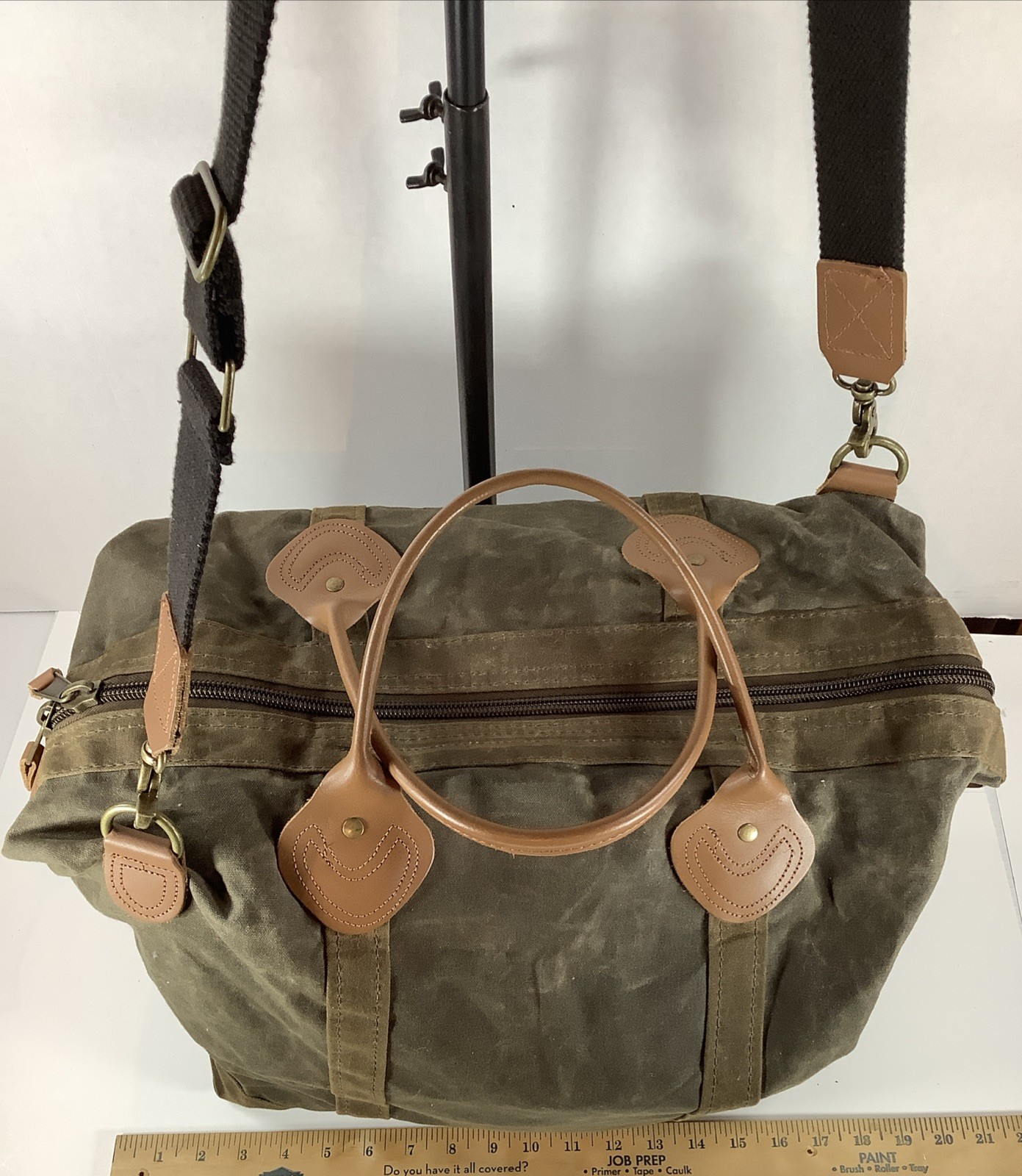 CB Station Waxed Canvas Duffle Bag Olive Green Leather Trim Travel 21”